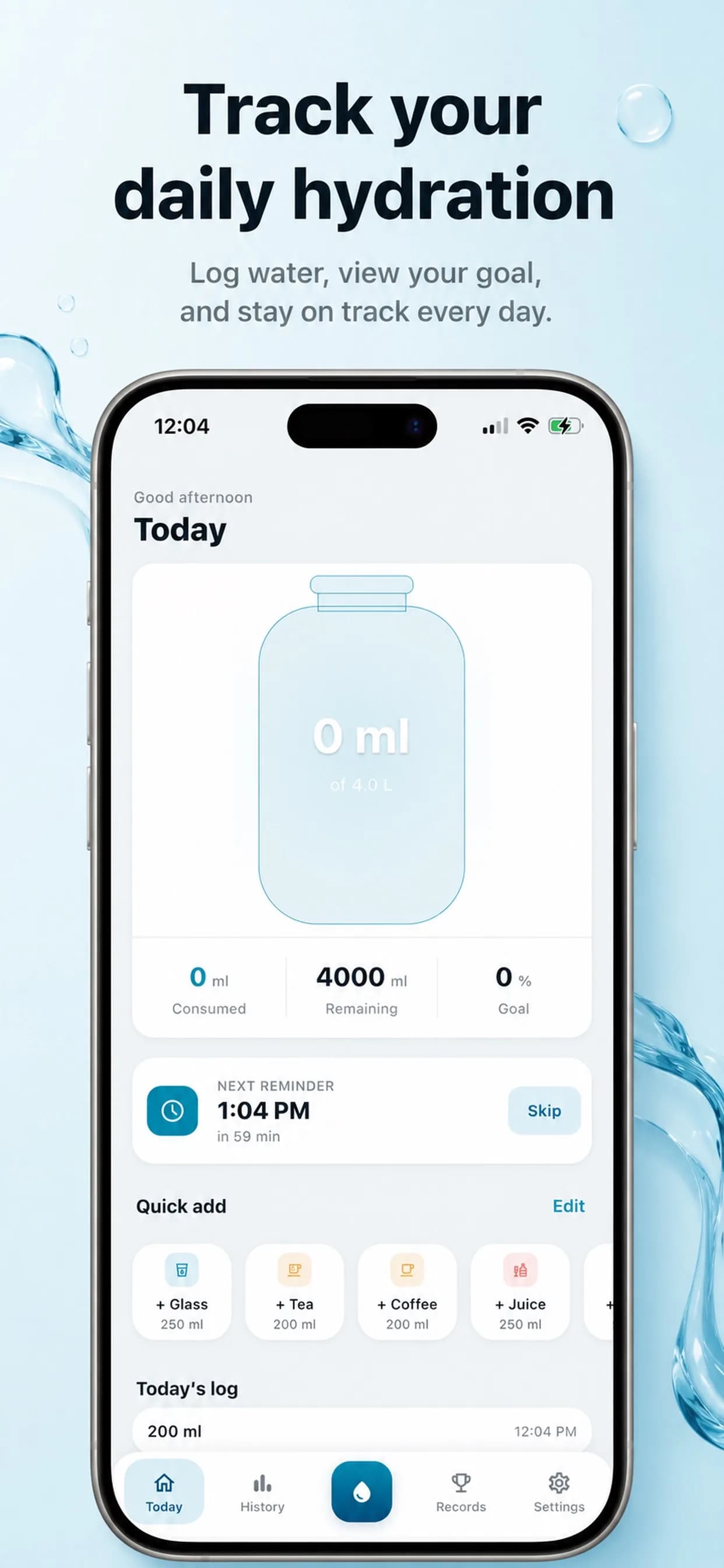 Water Tracker on iPhone, screen 1